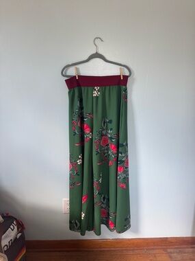 LuLaRoe Green Wide Leg with Burgundy Waistband and Floral Print
